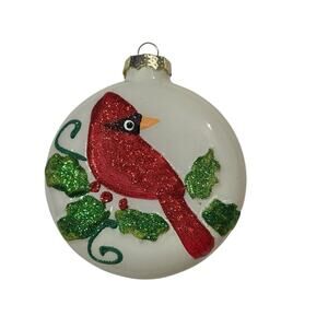 Vintage Christmas White Round Red Cardinal Christmas Tree Ornament
